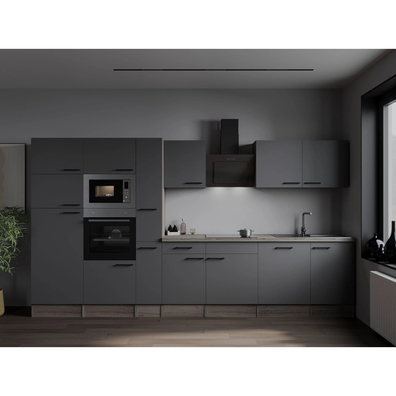 Respekta Kuchyně Oliver šedá m./dub 370 cm-trouba/skl.deska/dig./myčka/led./mik.