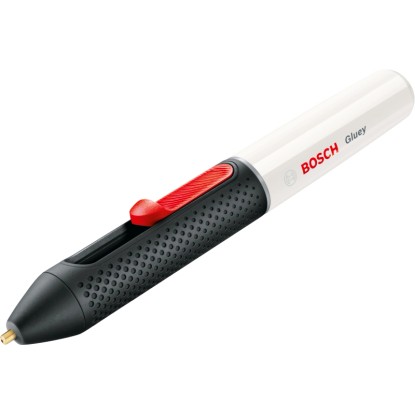 Bosch Gluey Marshmallow tavná lepicí pistole: Akumulátorová lepicí pistole s červeným posuvníkem a jemnou tryskou.