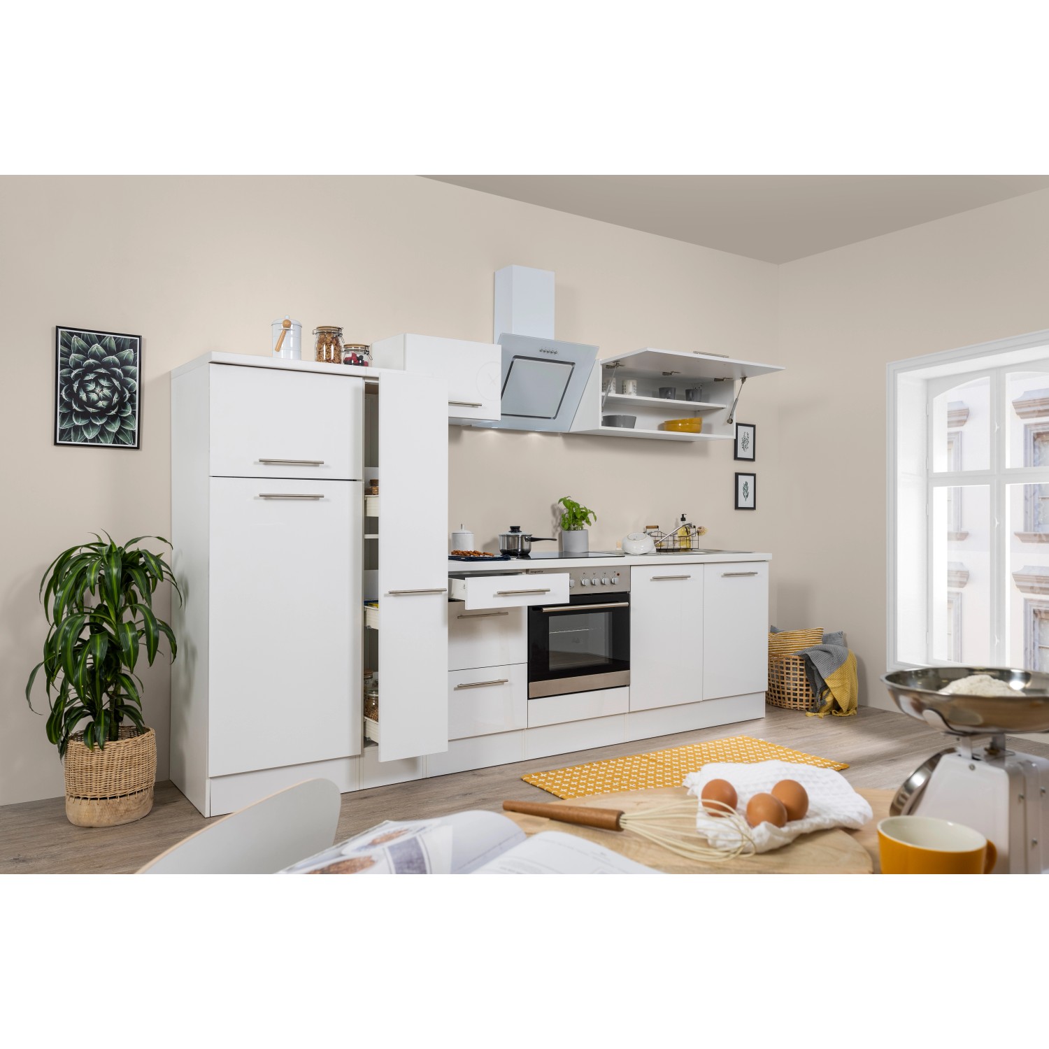 Respekta Kuchyně Amanda bílá/bílá 300 cm-trouba+skloker.d.a/digestoř/lednice