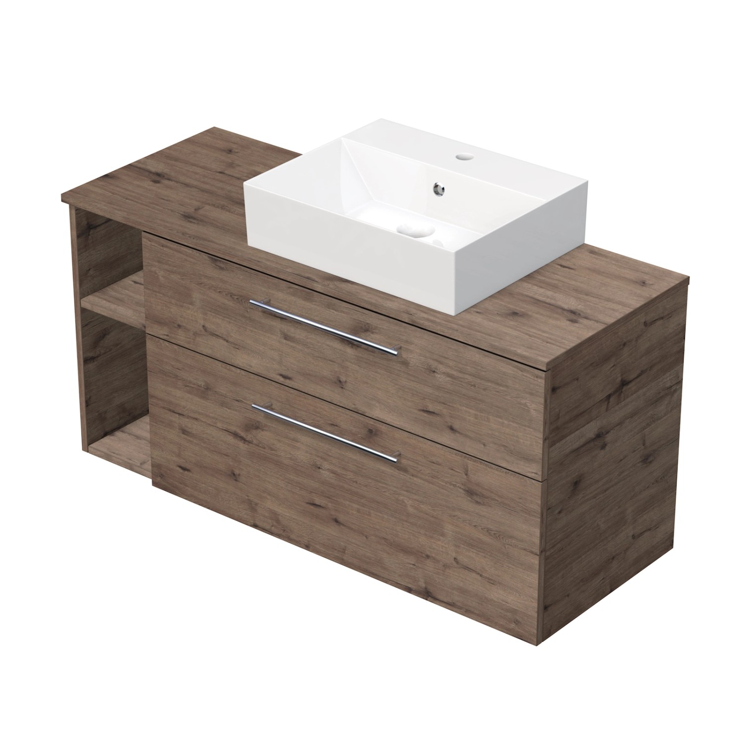 INTEDOOR Skříň+umyvadlo BEE, úchyt chrom, š. 120 cm, regál vlevo, dub Wellington