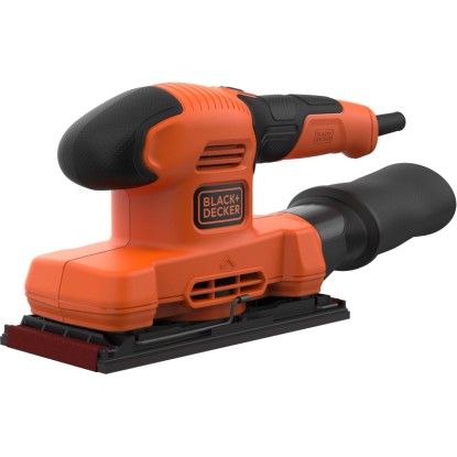 Black+Decker BEW220 vibrační bruska, 150 W, oranžovo-černá s prachovým sáčkem.