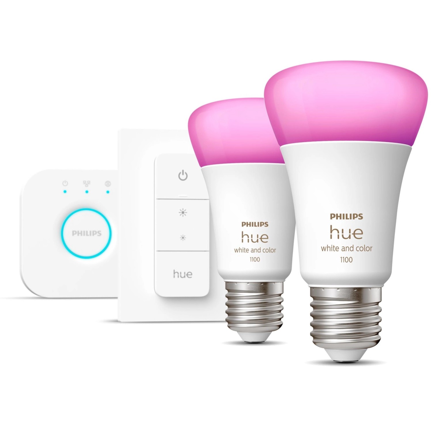 Philips Hue Startovací sada: 2x žárovka E27 WCA + Hue Bridge + Dimmer Switch