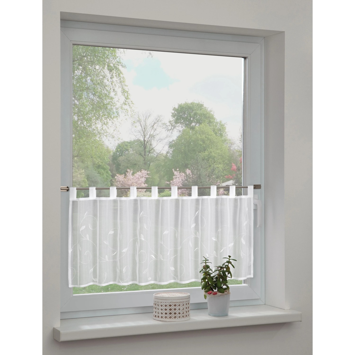Sehlbach Vitrážová záclona s poutky, výšivka liána, bílá, 135 x 45 cm