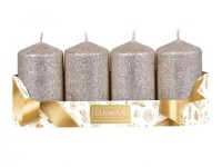 GLAMOUR Adventní svíčky válcové se třpytkami champagne pr. 5 x 8 cm, 4 ks