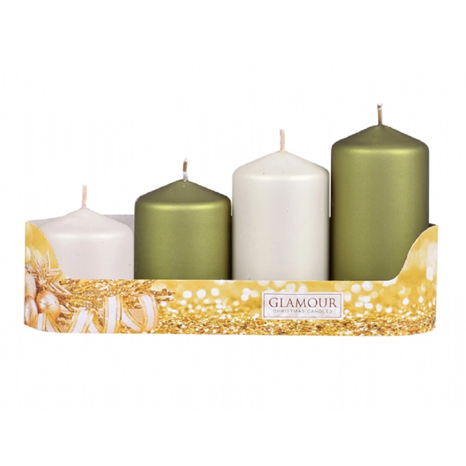 Svíčky adventní STUPŇOVITÝ MIX metal mat olivová/béžová, pr. 5 x 6/7,5/9/10,5 cm