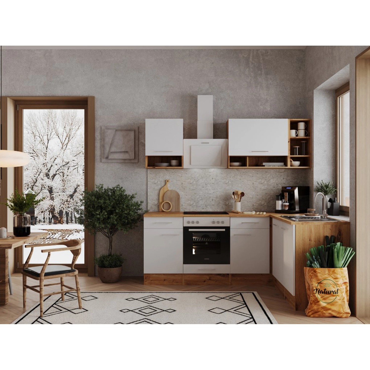 Respekta Kuchyně Hilde L bílá/dub 220 cm-trouba+sklokeramická d./digestoř/myčka