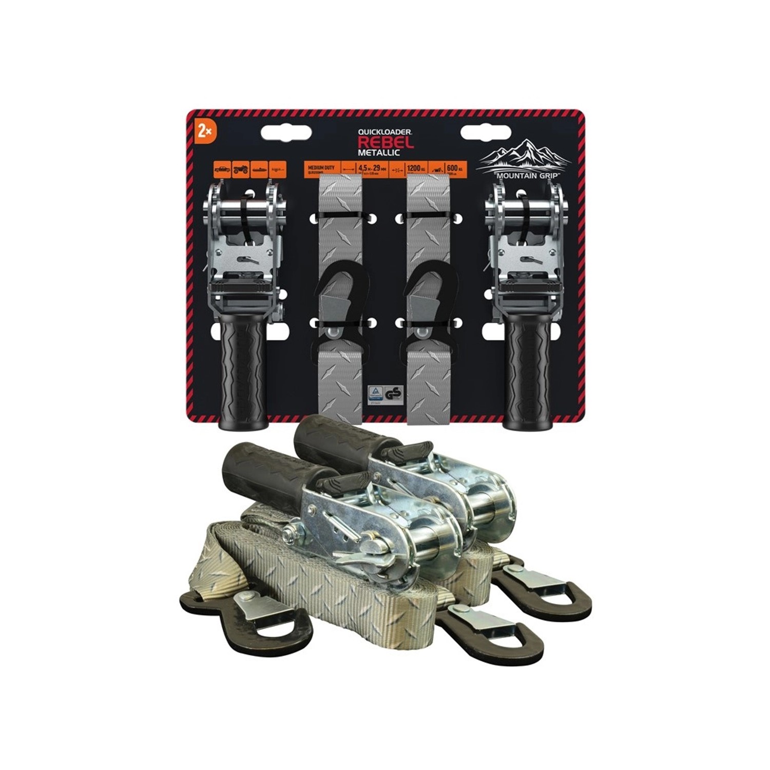 Quickloader Dvoudílný popruh s ráčnou Rebel Metallic 1200 kg, 4,5 m x 29 mm, 2ks
