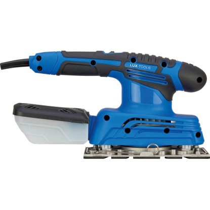 Excentrická bruska LUX E-SWS-280, modrá bruska s prachovým boxem.