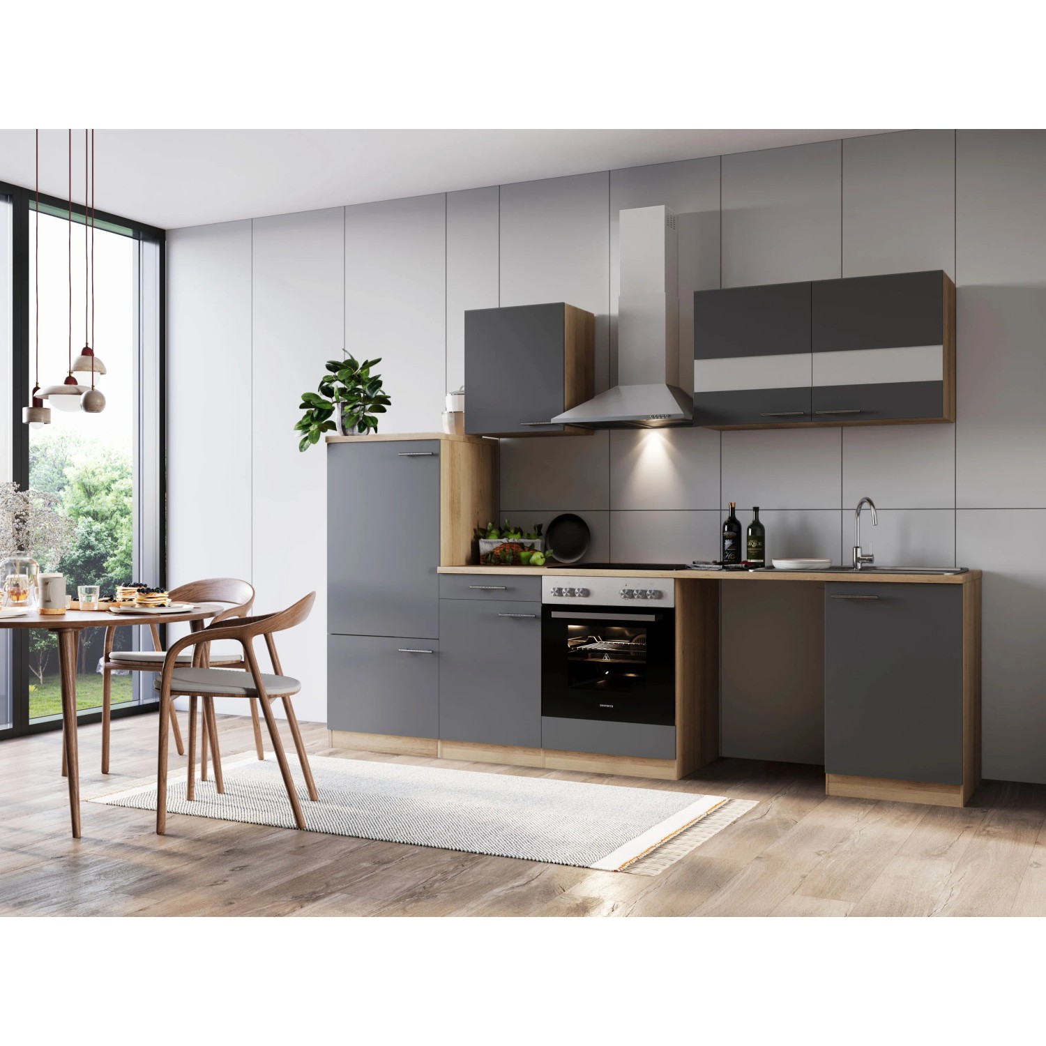 Respekta Kuchyně Merle šedá/dub 280 cm-skl.deska/kom.dig/lednice/nika na pračku