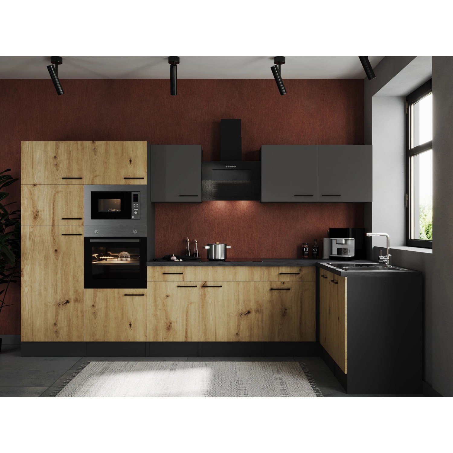 Respekta Kuchyně Oliver L dub+šedá m./žula 340 cm-tr./skl.d/dig./myčka/led./mik.