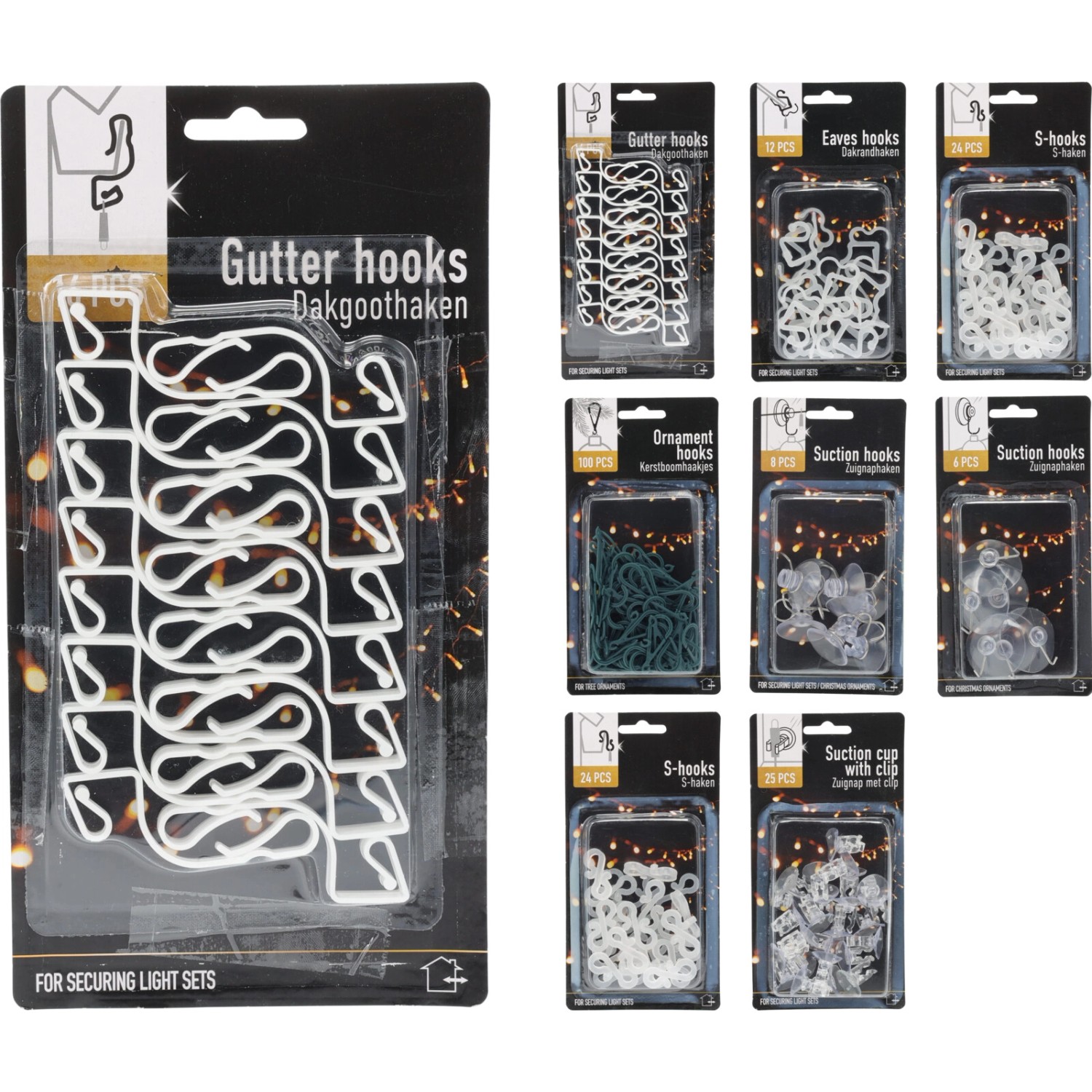 Háčky a přísavky pro připevnění světelných řetězů, různé druhy