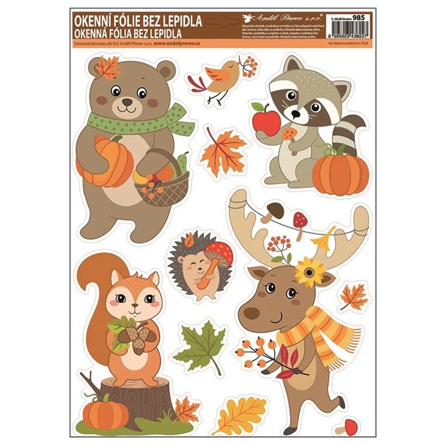 Anděl Přerov Okenní fólie s glitry podzimní zvířátka, různé druhy, 1 ks, 42x30cm