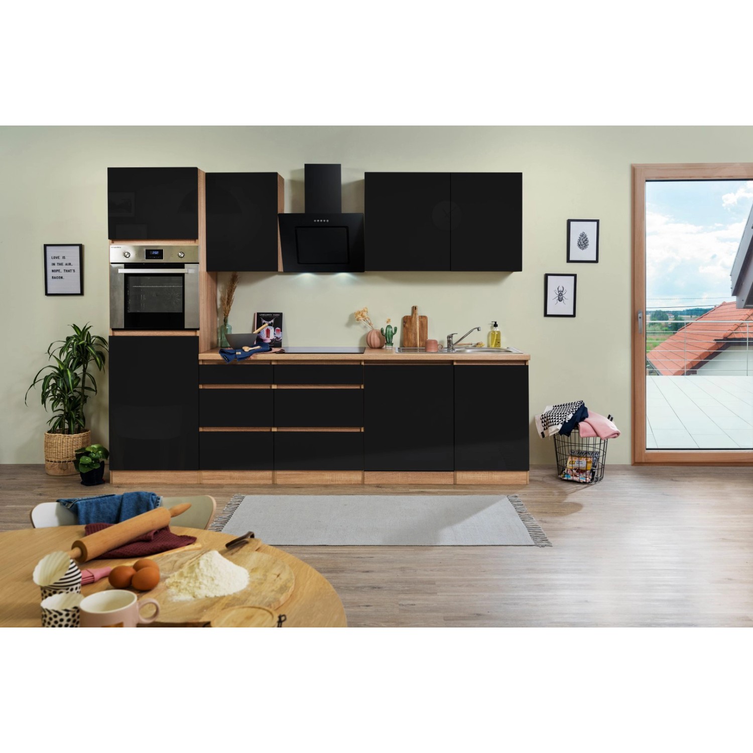 Respekta Kuchyně Lorena černá/dub 280 cm-Bez el. přístrojů