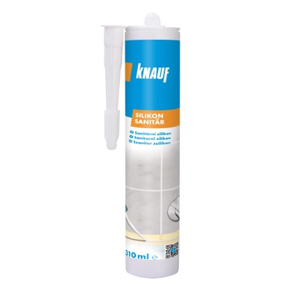 Bílá kartuše sanitárního silikonu Knauf, 310 ml, pro koupelny a kuchyně.
