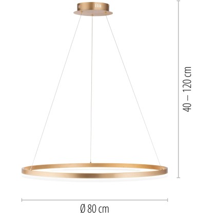 Moderní LED závěsné svítidlo Paul Neuhaus Helia, mosazná barva, Ø 80 cm, výškově nastavitelné.