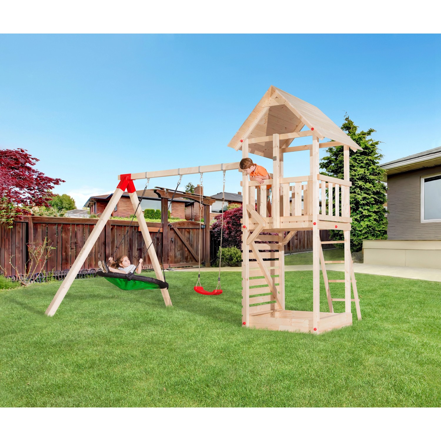 Weka Hrací věž Tabaluga s houpačkou, přírodní, 305 x 290 x 331 cm