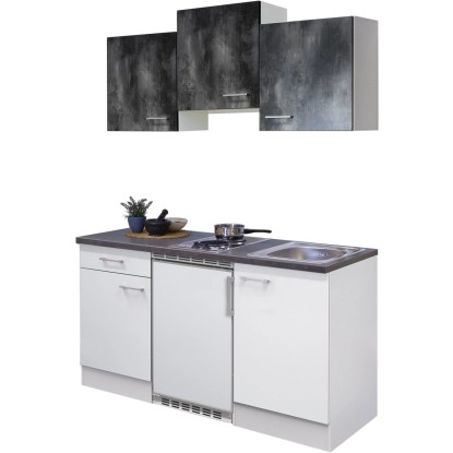 Flex-Well Lucca Single Kuchyňka, 150 cm, bílá/Caledonia s lednicí, varnou deskou a dřezem.