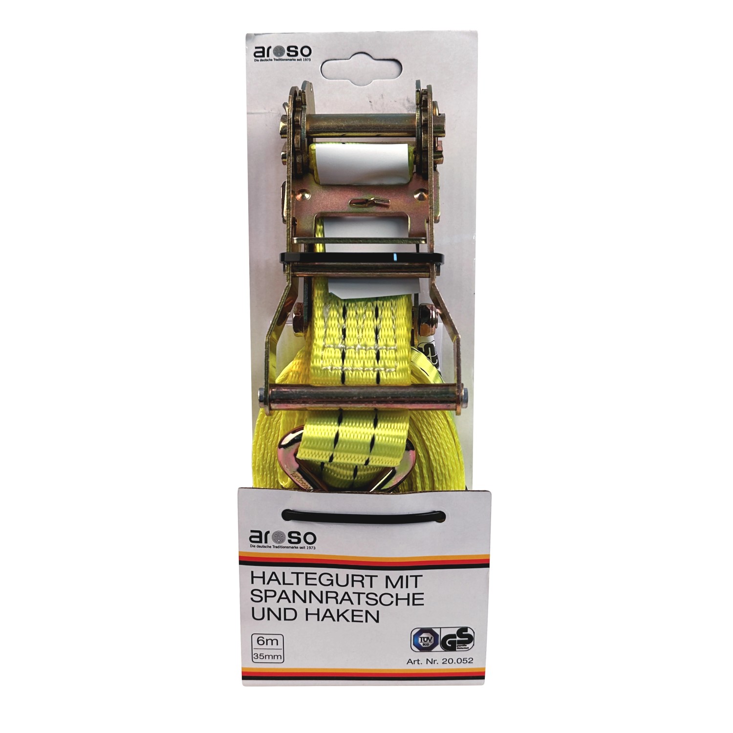 Aroso Popruh s ráčnou a J-háky, TÜV/GS, 6 m, 35 mm