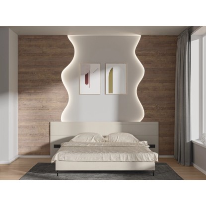 Ložnice s nástěnnými panely Egger DecoWall Annaba Dub přírodní jako dřevěná stěna za postelí.