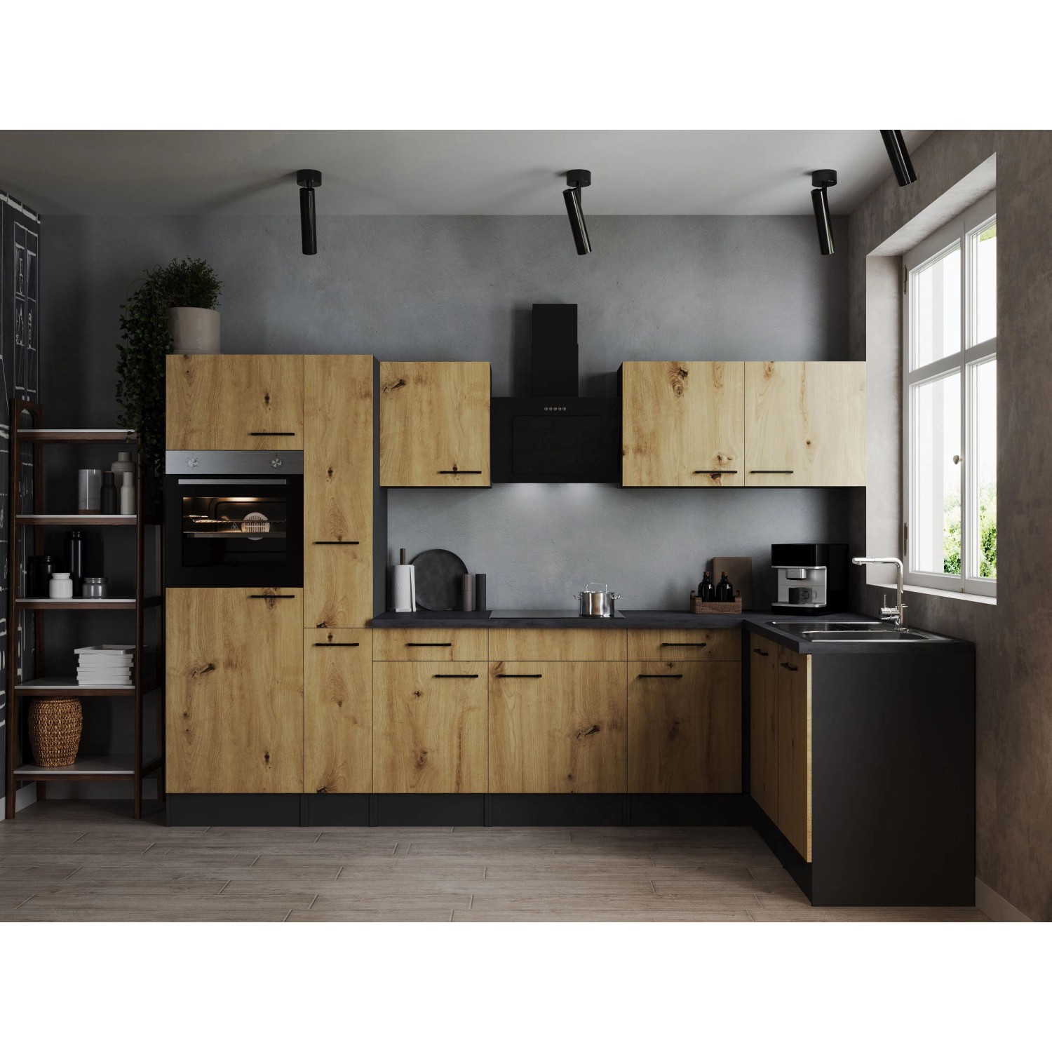 Respekta Kuchyně Oliver L dub/žula 310 cm-trouba/skl.deska/dig./myčka/led.