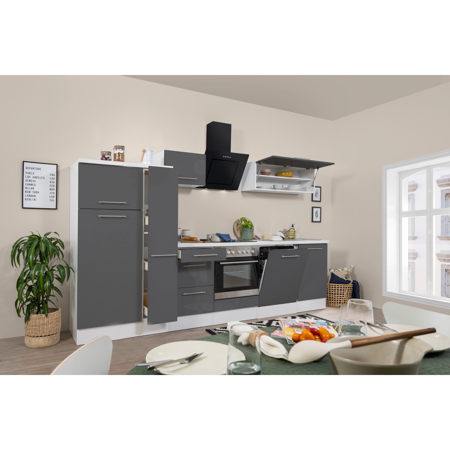 Respekta Kuchyně Amanda šedá/bílá 310 cm-trouba+skl.deska/digestoř/myčka/lednice