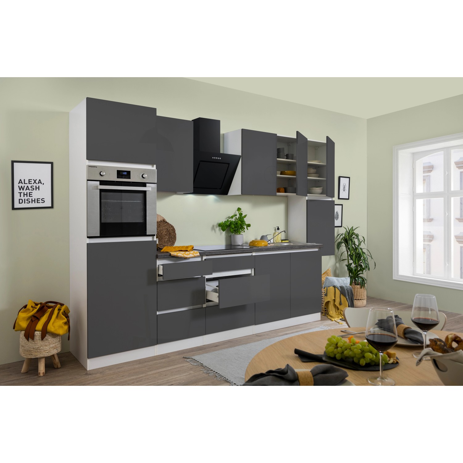 Respekta Kuchyně Lorena šedá/žula 320 cm-trouba, var.deska, lednice, digestoř