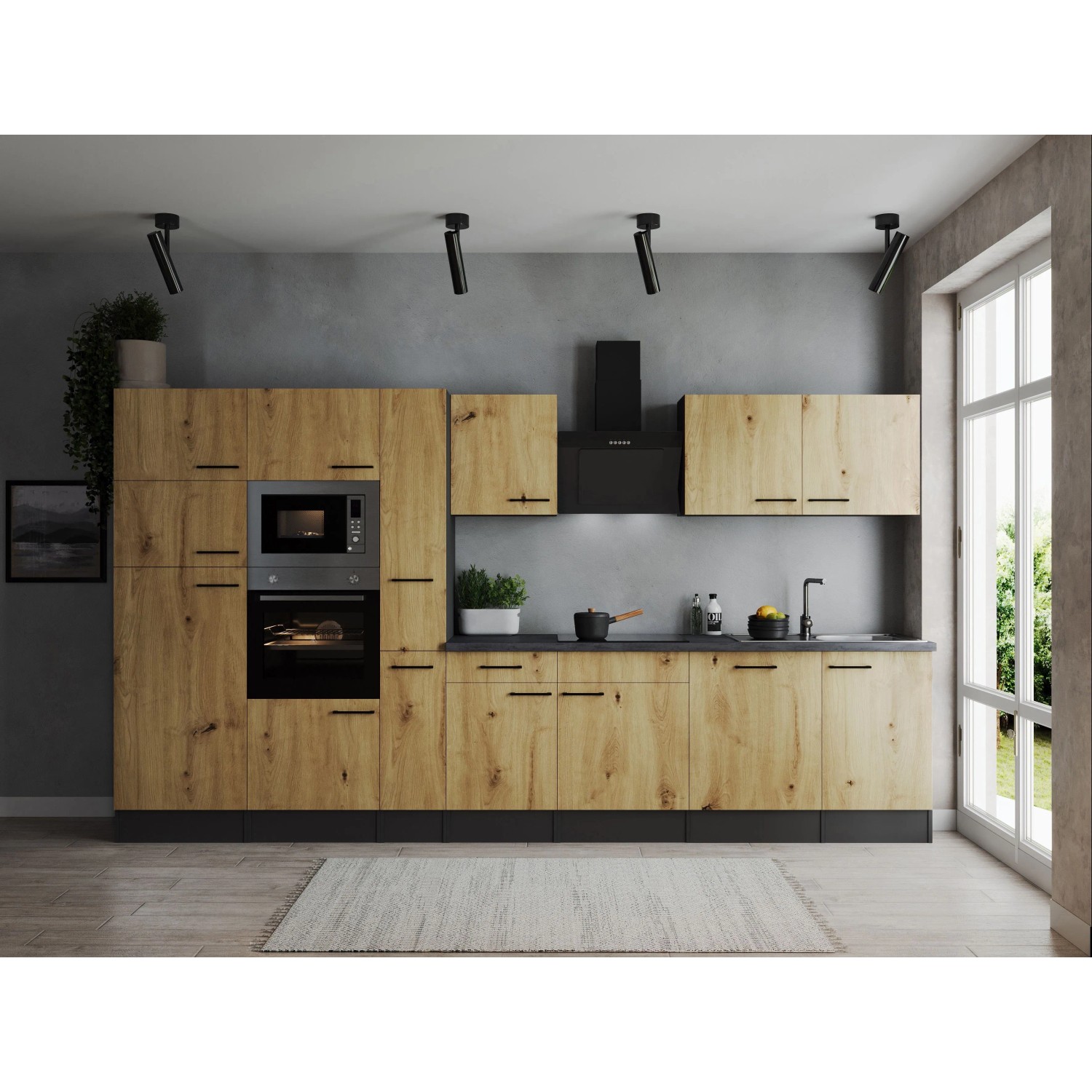 Respekta Kuchyně Oliver dub/žula 370 cm-trouba/skl.deska/dig./myčka/led./mik.