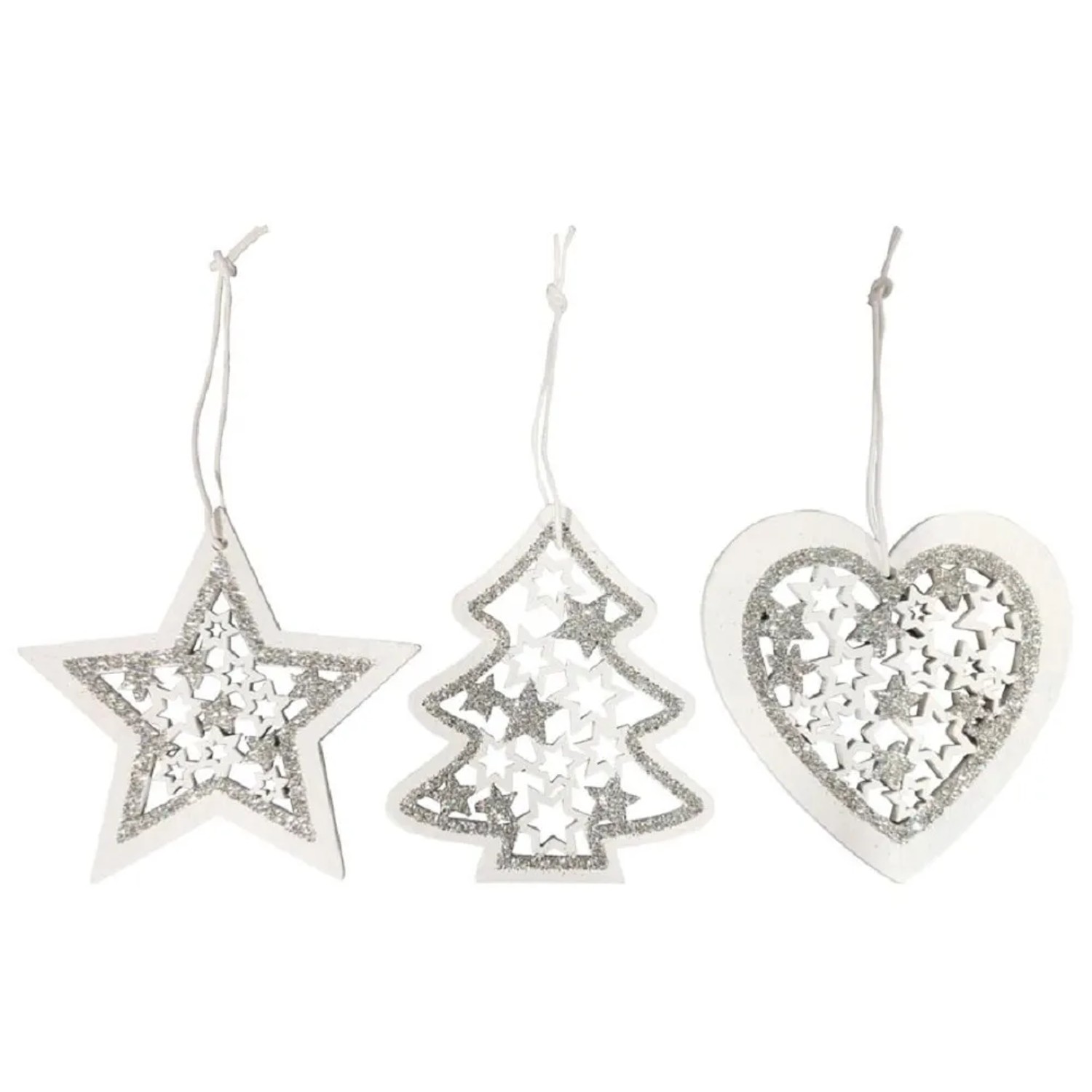 MFP paper Ozdoby dřevěné bílé s glitrem, 9 ks, pr. 7,5 cm