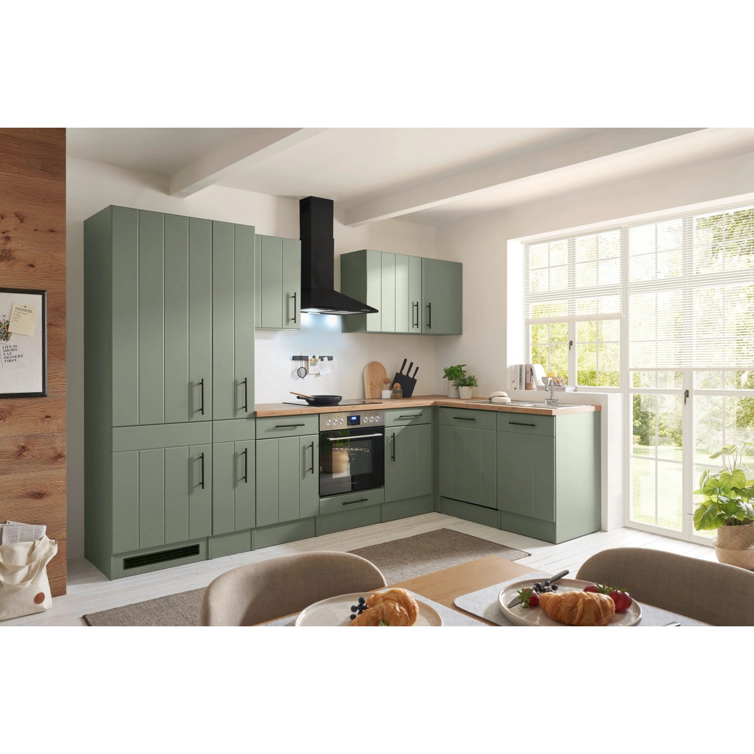 Respekta Kuchyně Anton L zelená/dub divoký 310 cm-trouba+skl.d./myčka/dig./led.