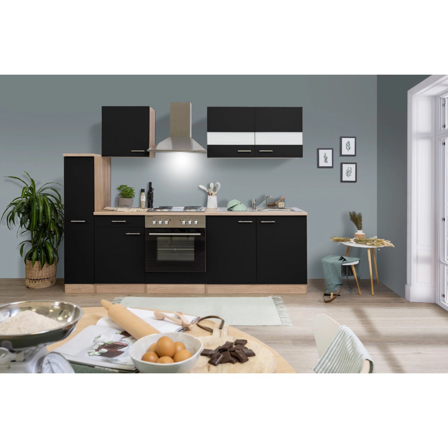 Respekta Kuchyně Merle černá/dub 240 cm-nrz.deska/komín.digestoř/myčka