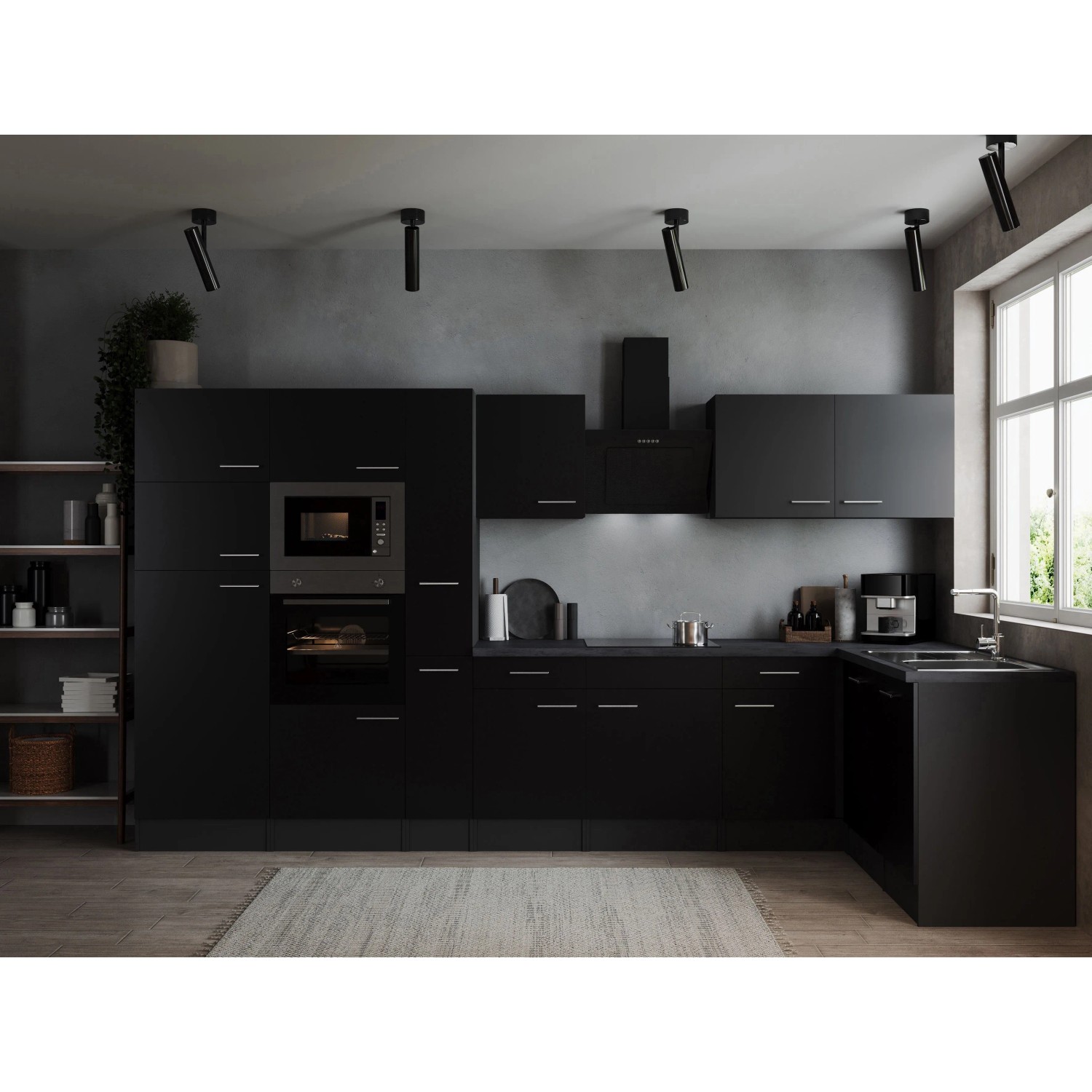 Respekta Kuchyně Oliver L černá/žula 370cm-trouba/skl.deska/dig./myčka/led./mik.