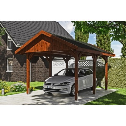 Skan Holz Přístřešek na auto Wallgau ořech, černé šindele, 380 x 500 cm