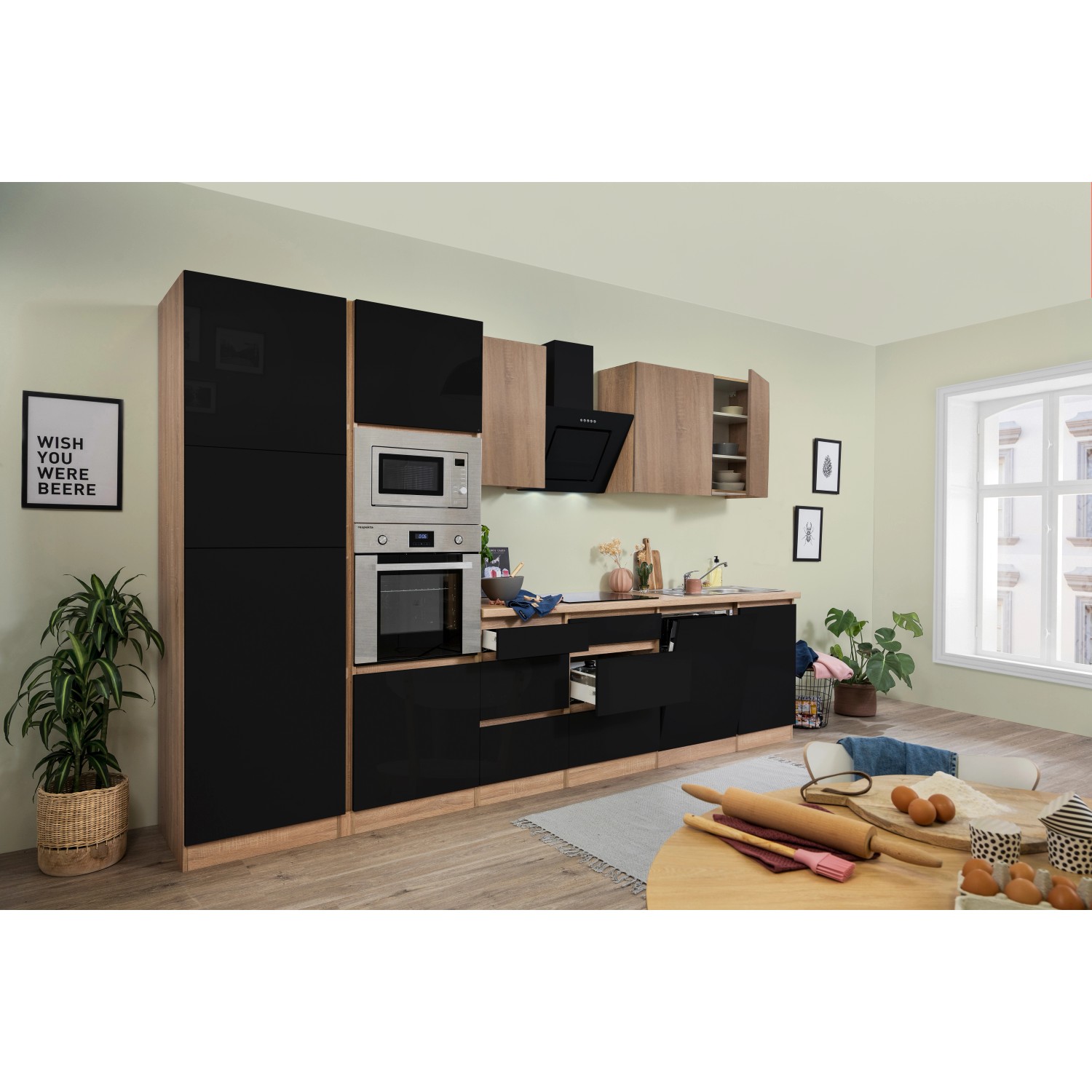 Respekta Kuchyně Lorena černá/dub 345 cm-trouba/sk.d.(2)/dig./myčka(2)/led./mik.