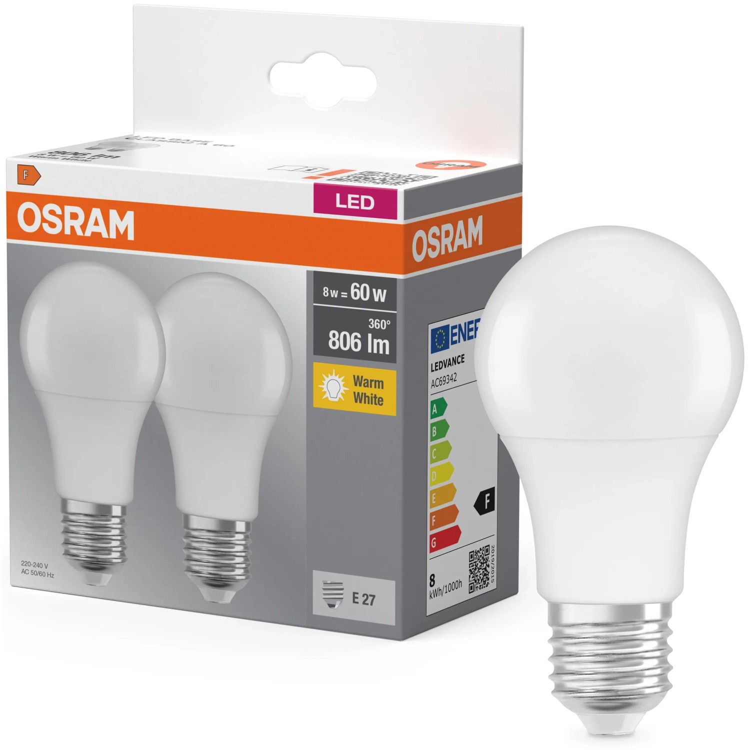 OSRAM LED žárovka Base Classic A60, E27, 8,5 W, 806 lm, 2700 K, opálová, 2 ks