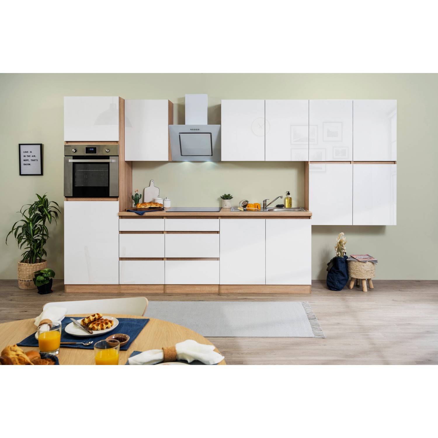 Respekta Kuchyně Lorena le.bílá/dub 370 cm-trouba/skl.deska/digestoř/lednice