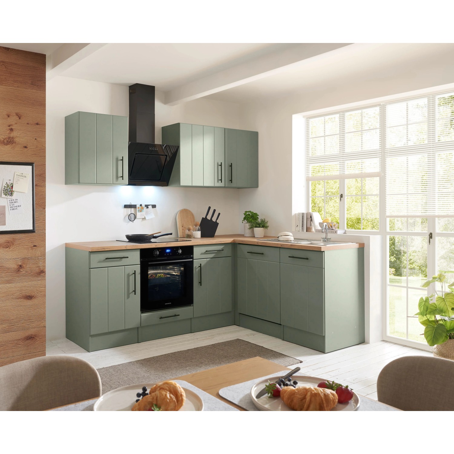 Respekta Kuchyně Anton L zelená/dub divoký 220 cm-trouba/ind.d./myčka/digestoř