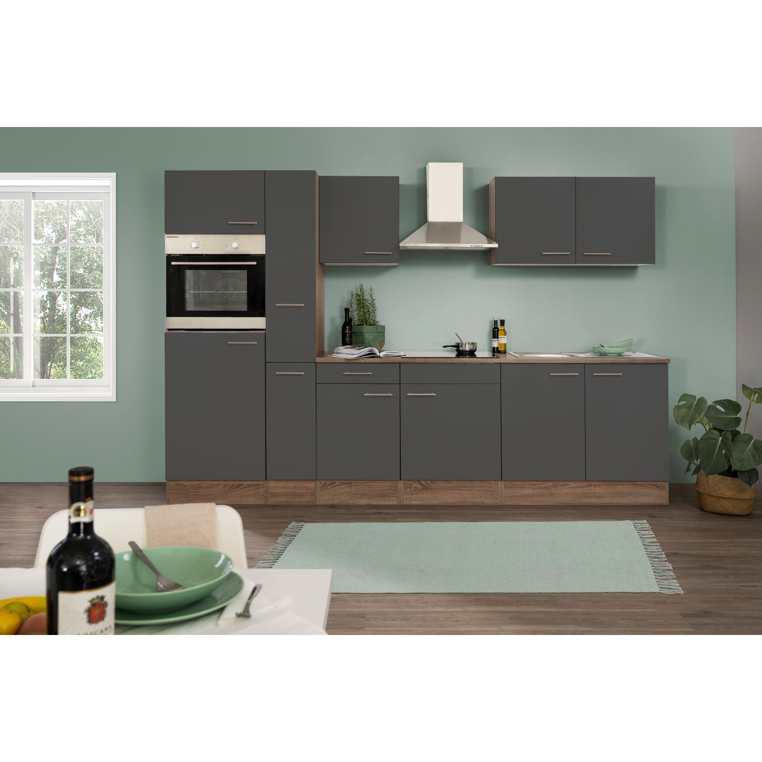 Respekta Kuchyně Oliver šedá/dub 300 cm-trouba/skl.deska/digestoř/lednice