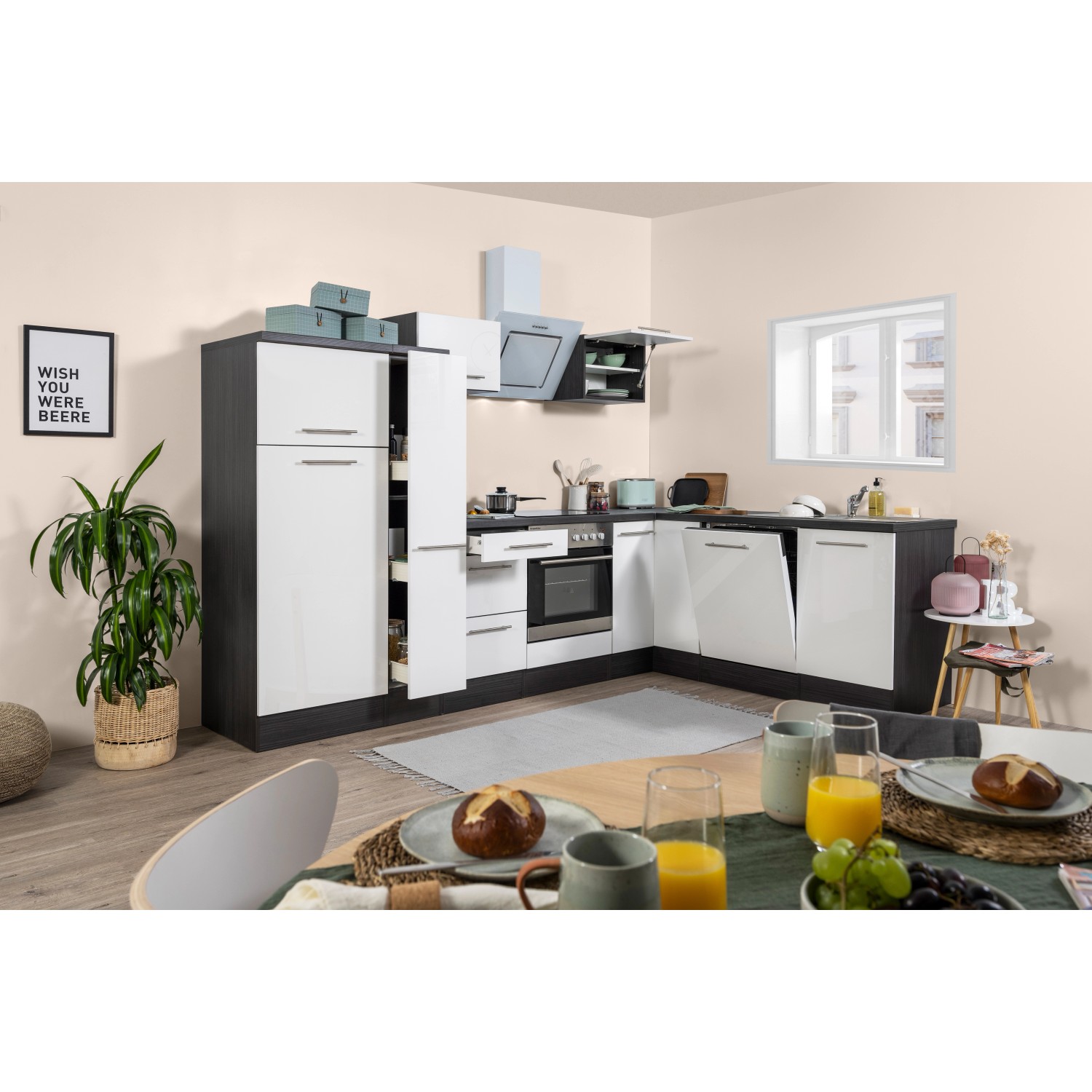 Respekta Kuchyně Amanda L bílá/dub 290 cm-trouba+skl.d./digestoř/myčka/lednice