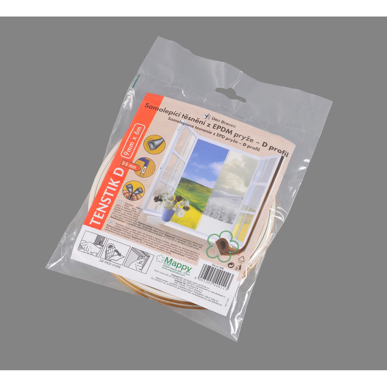 Den Braven Samolepící těsnění D-profil z EPDM pryže, bílá, 9 x 6 mm, 6 m