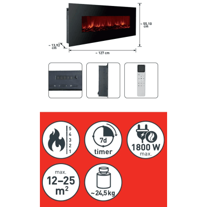Černý elektrický krb Rushmoor Heat pro montáž na stěnu s efektem plamene, dálkovým ovládáním, 1800 W topením a časovačem.