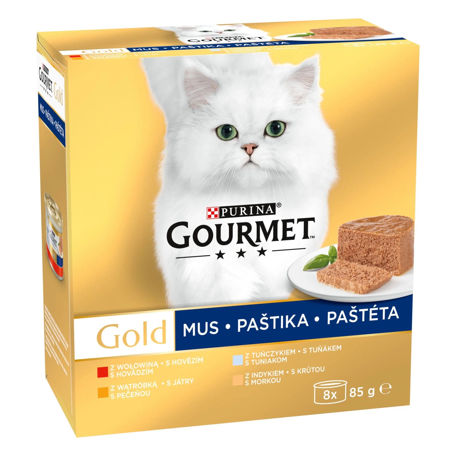 Gourmet Gold Paštiky pro kočky hovězí, játra, tuňák, krůta 8 x 85 g