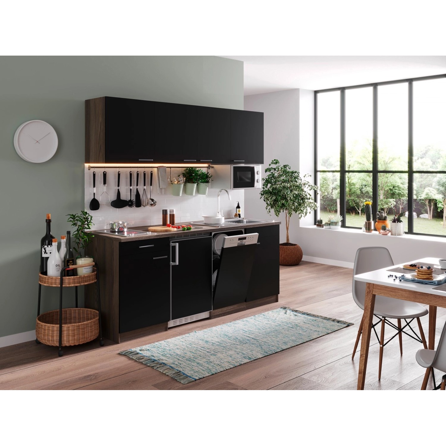 Respekta Kuchyně Oliver černá/dub 195 cm-skl.deska/lednice/myčka/mikrovlnka