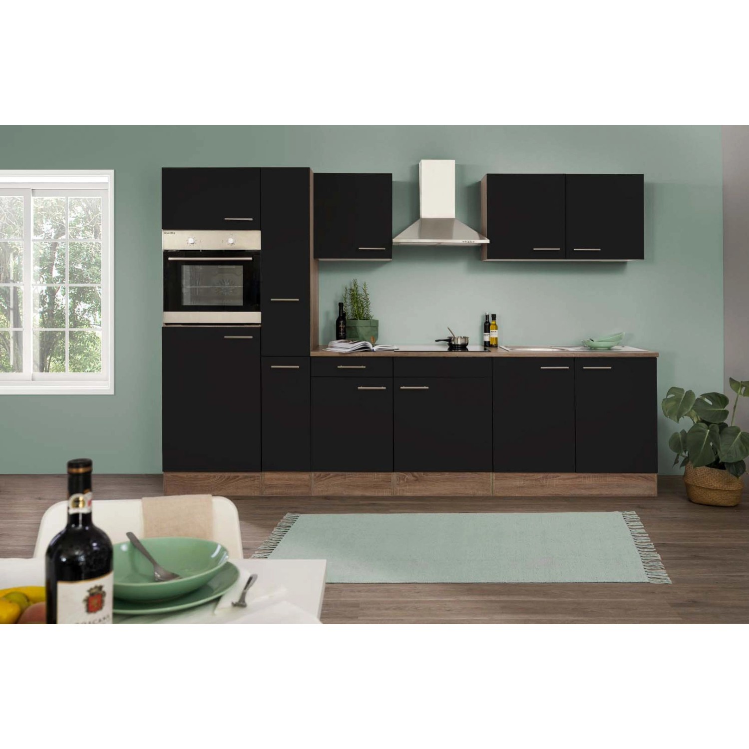 Respekta Kuchyně Oliver černá - hedvábně lesklá/dub 300 cm - Bez el. přístrojů