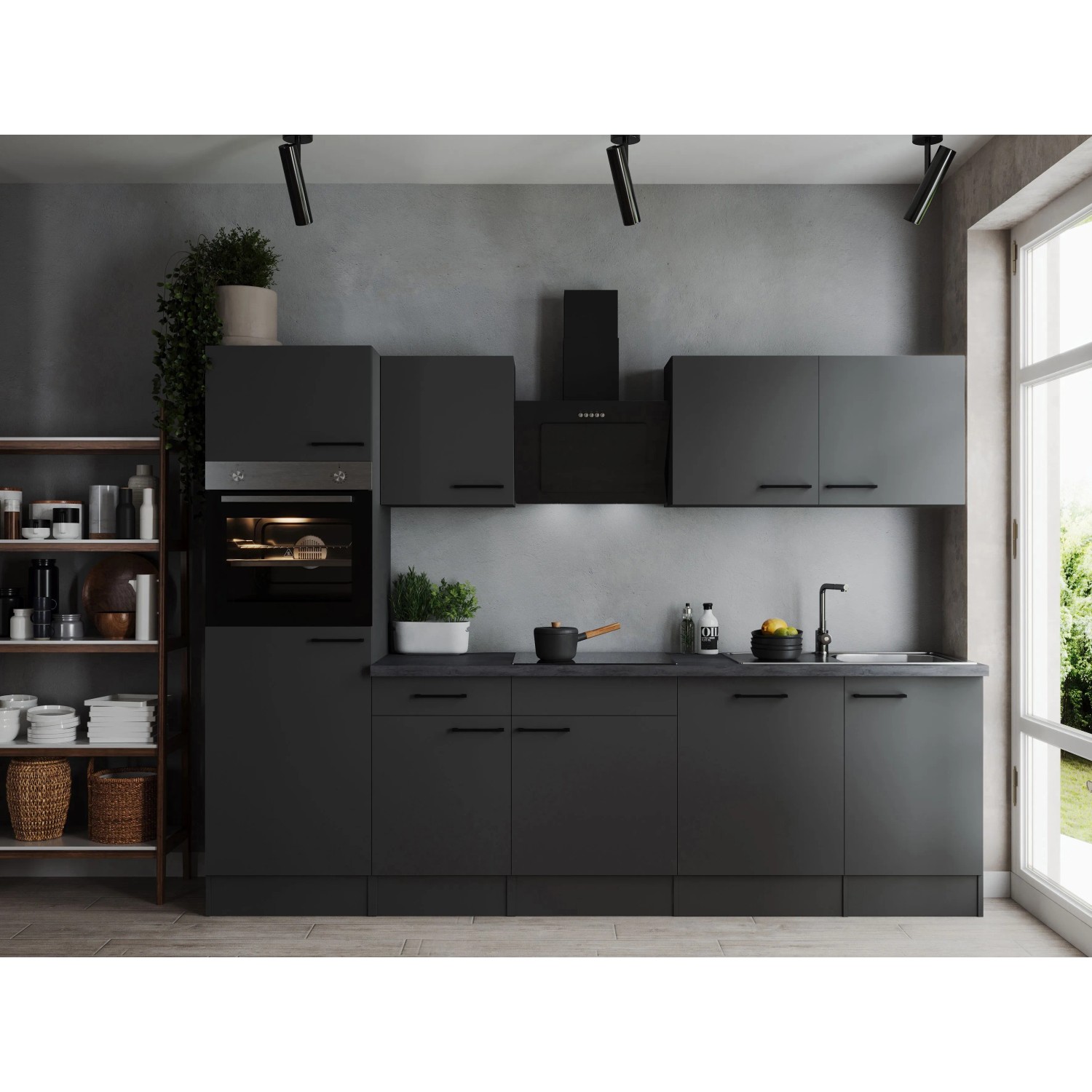 Respekta Kuchyně Oliver šedá m./žula 280 cm-trouba/skl.deska/dig./myčka/led.