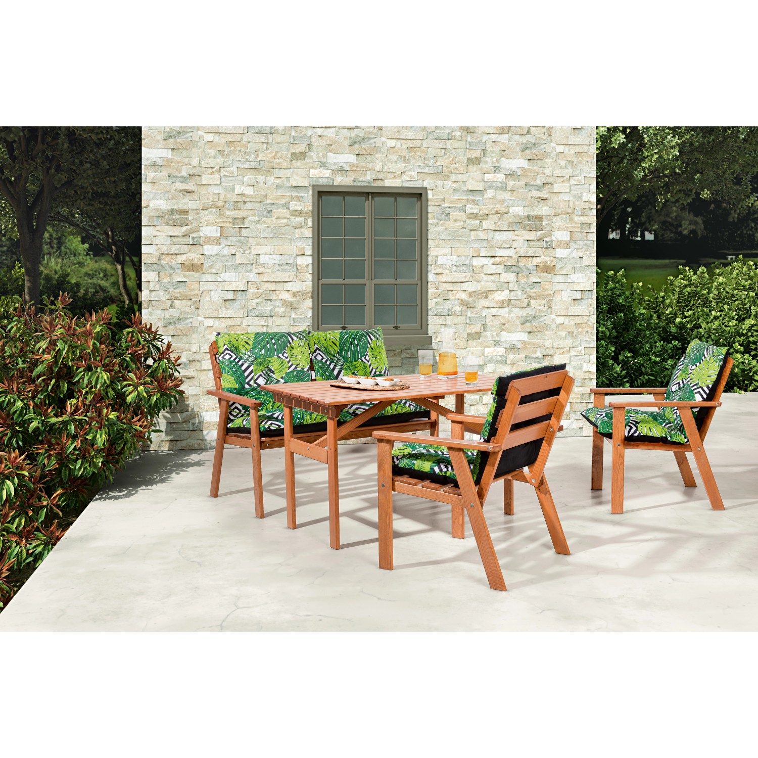 Lounge sestava s jídelním stolem Gakona FSC 4dílná přírodní borové dřevo