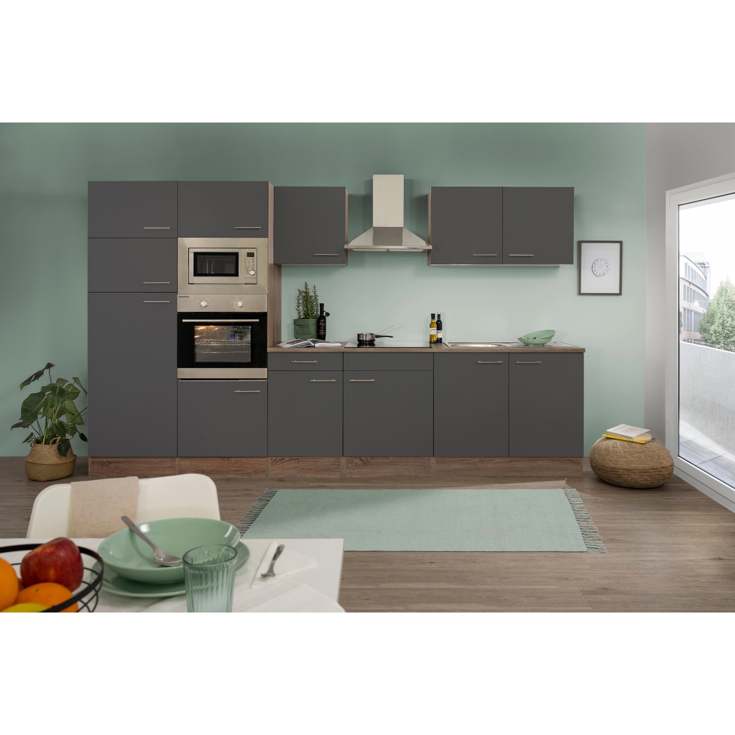 Respekta Kuchyně Oliver šedá/dub 330 cm-trouba/skl.deska/digestoř/lednice/mikr.