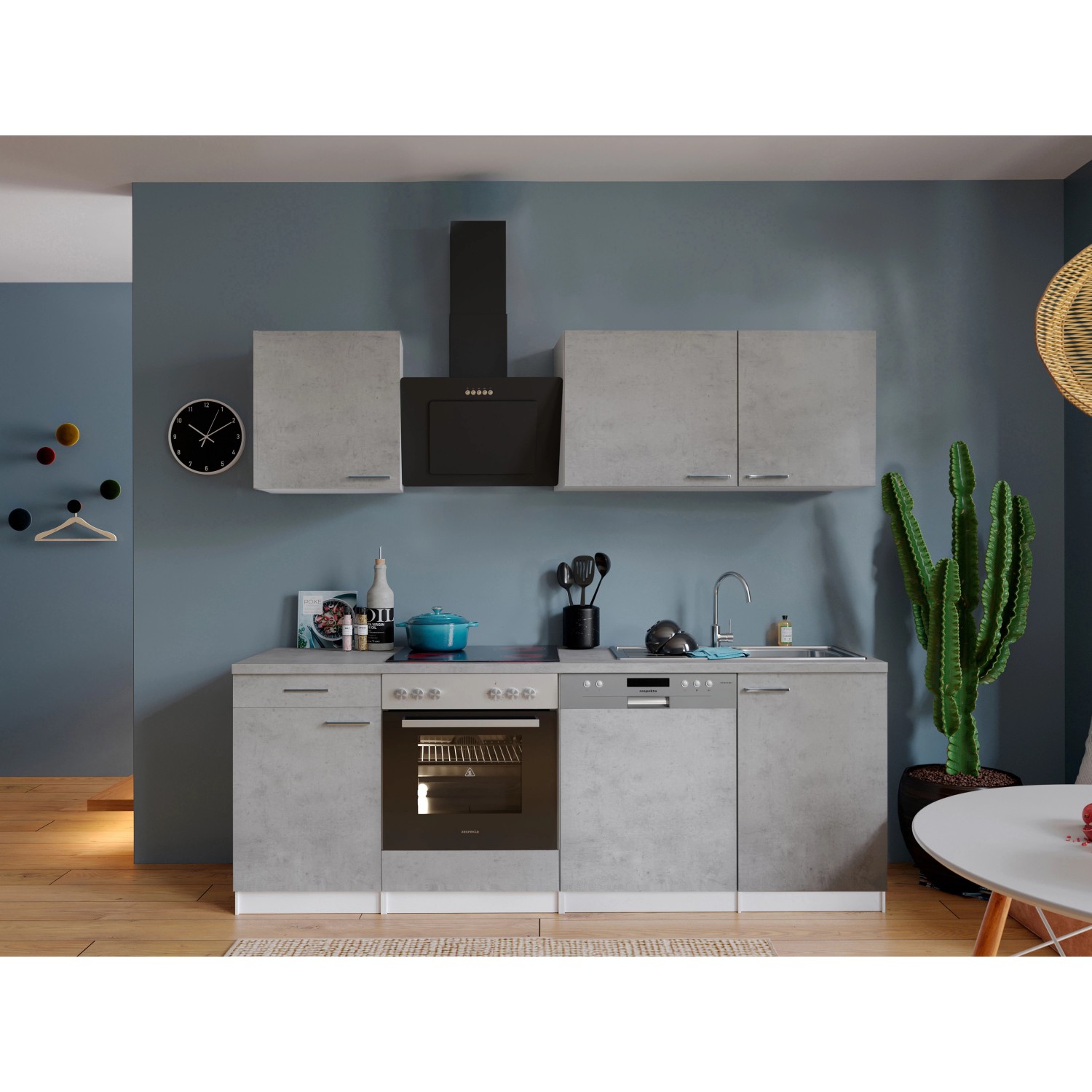 Respekta Kuchyně Malia beton/beton 220 cm - skloker.deska/šikmá digestoř/myčka