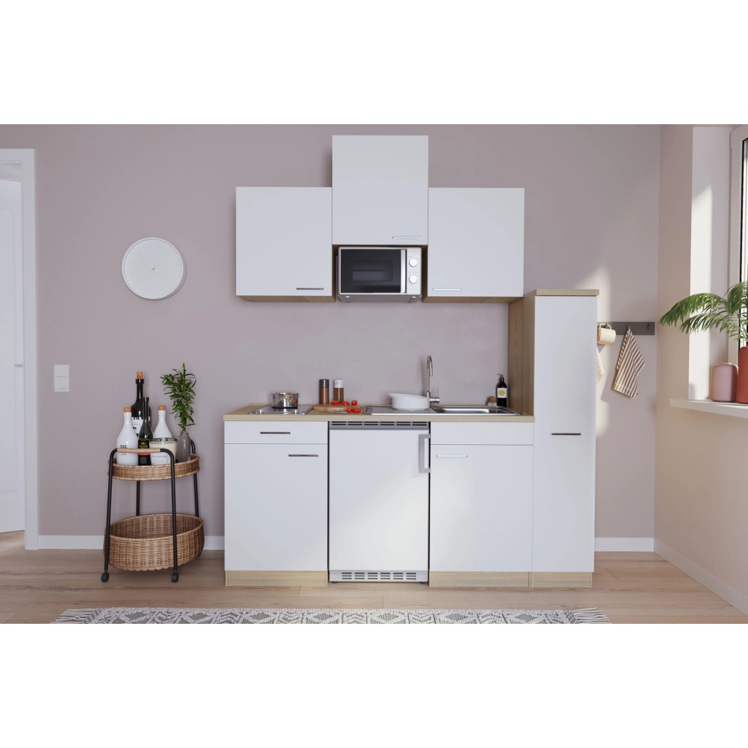 Respekta Kuchyně Luis bílá/dub 180 cm-skloker.var.deska, lednice, mikrovlnka