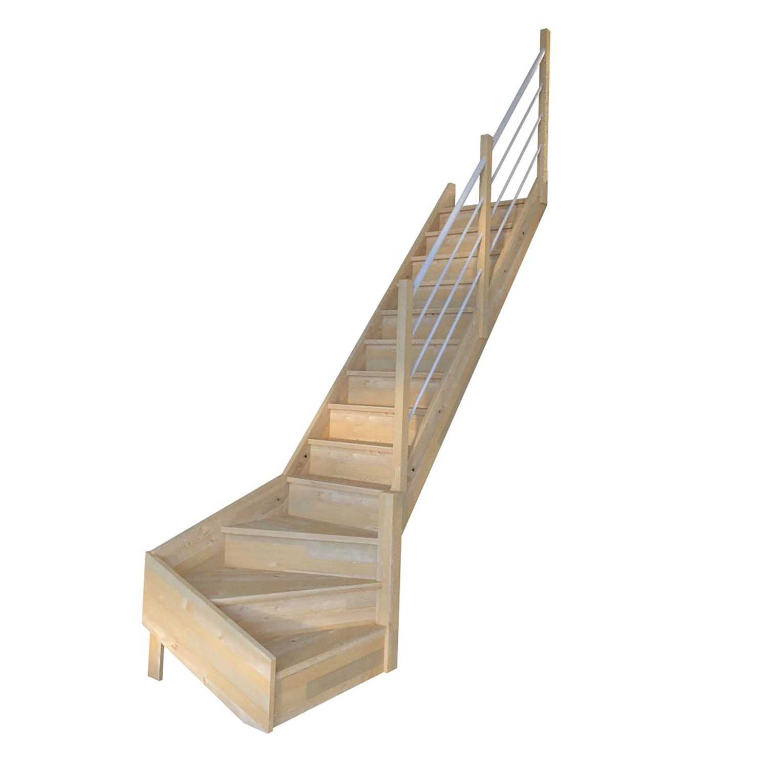 StarWood Schody Korfu smrkové pravé uzavřené dřevěné nerezové bílé zábradlí