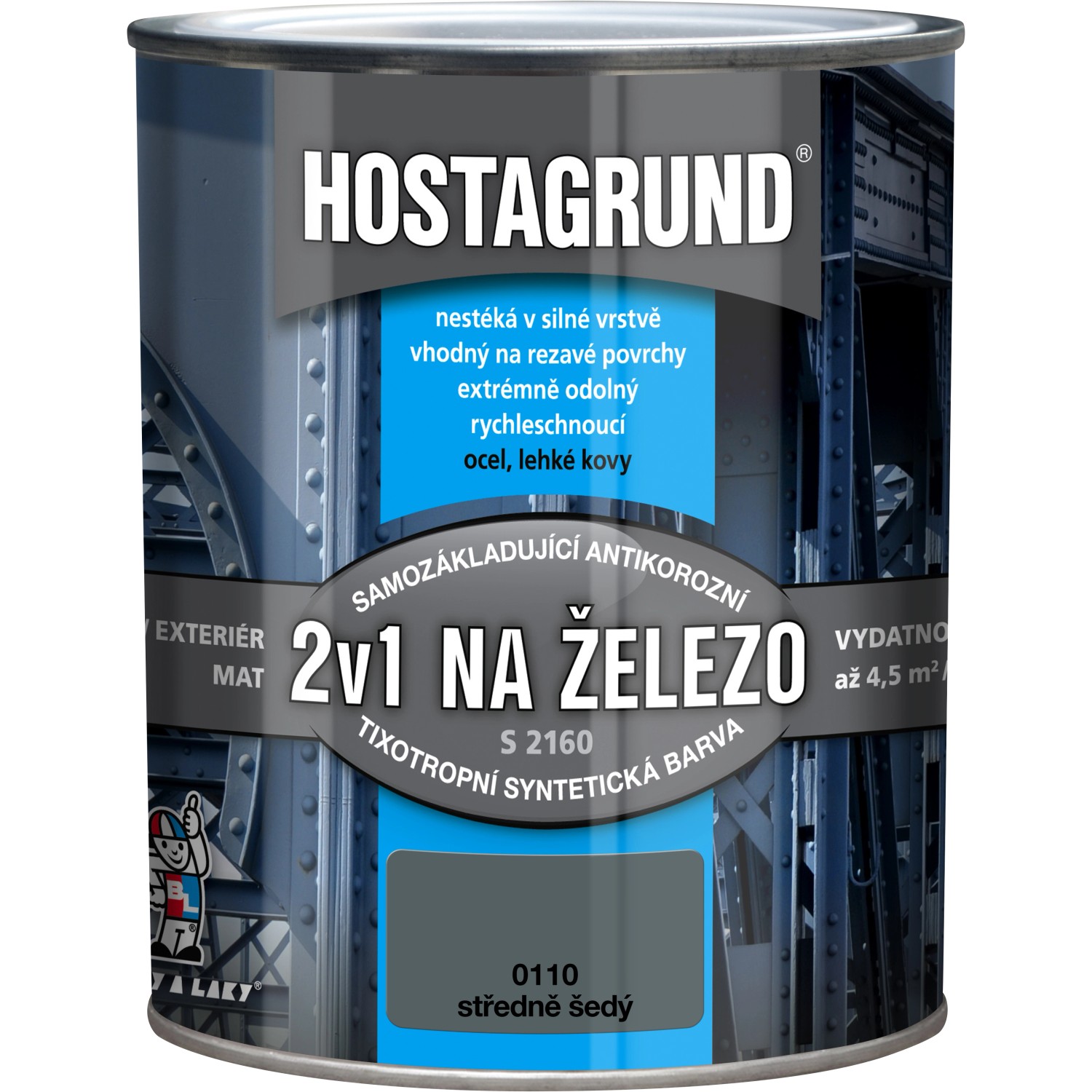 Hostagrund Základní i vrchní barva 2v1 na železo S2160, 0110 stř. šedá, 600 ml